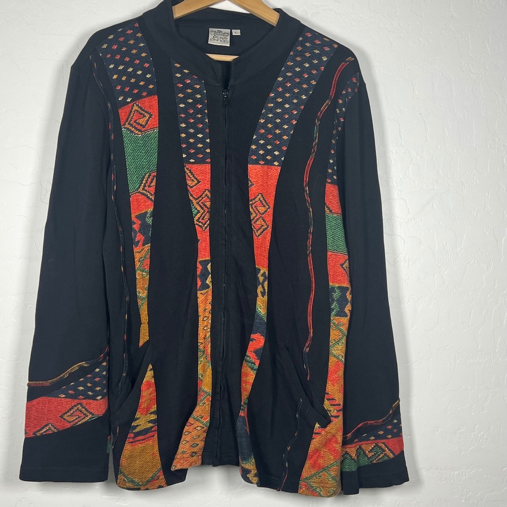 Parsley & Sage Black Cotton Zip Up Jacket Tapestry Asymmetrical Pattern L